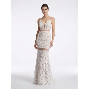 Windsor White Lace Nude Illusion Mesh Mermaid‎ Formal Gown Prom Dress Size XS